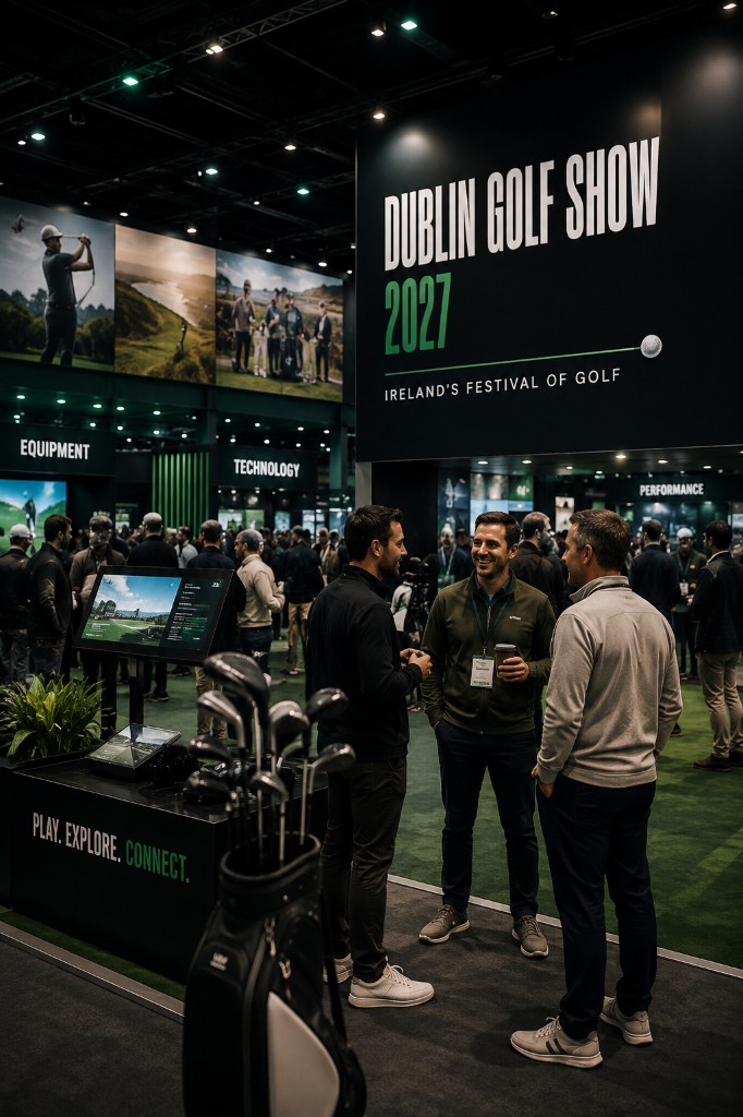 Exhibitors and visitors in conversation on the Dublin Golf Show exhibition floor
