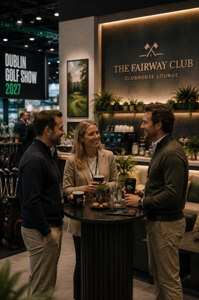 Three guests sharing coffee and conversation at The Fairway Club lounge during Dublin Golf Show