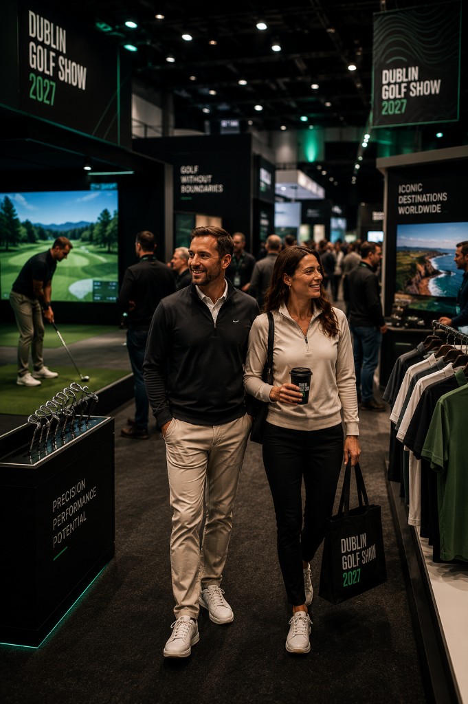 A couple exploring the Dublin Golf Show exhibition floor among equipment, apparel and experiences