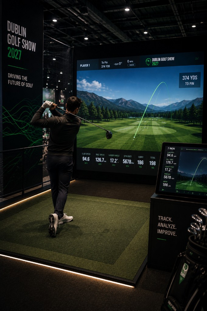 A golfer in follow-through on a premium indoor simulator with launch monitor data at Dublin Golf Show