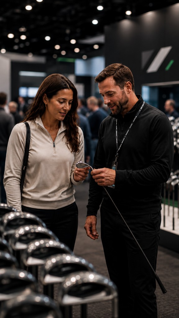 A visitor and expert inspecting a golf club together on the show floor