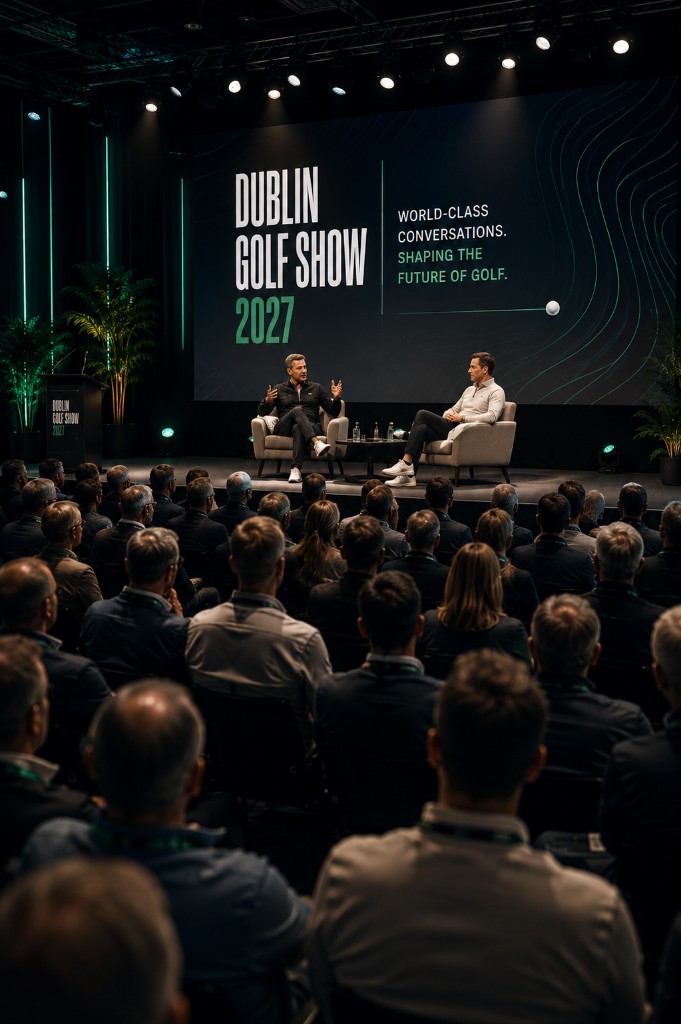 Two speakers in conversation on the Dublin Golf Show main stage before a seated audience